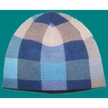 Checked Pattern Knitted Beanie Warm Hat with Fleece Inside (1-2543)